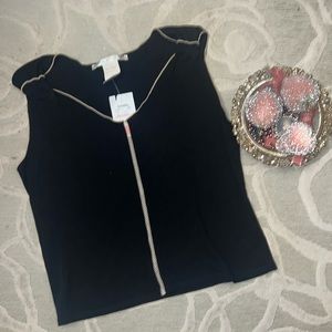 NWT🌷MAX STUDIO🌷Black w tan stitch edging v-neck cap sleeve rayon polyester top